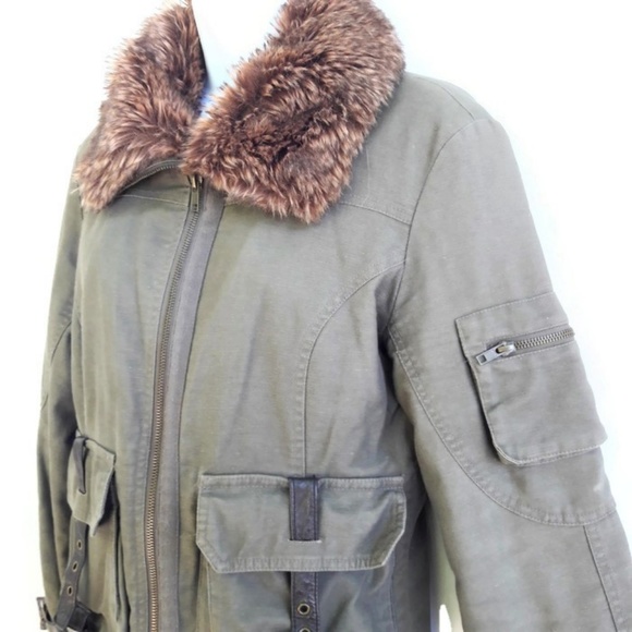 Vila Jacket DK Denmark Cargo Safari Leather Removable Fur Collar Quilt Lined S - Picture 6 of 8